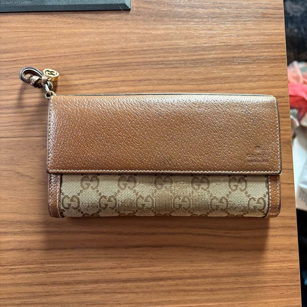 Gucci GG Canvas and Brown Leather Continental Long Flap Wallet - Picture 1 of 10